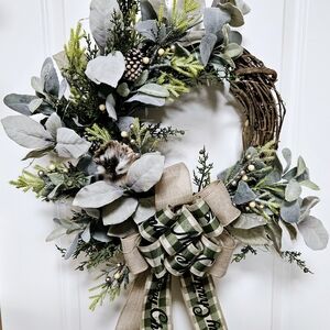 Christmas / Winter Wreath, Door Decoration, Greenery , Ribbon, Owl, Berries